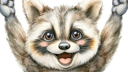 Wall Mural -   A close-up of a raccoon with outstretched paws and an open mouth, staring wide-eyed