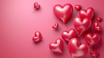 Wall Mural -   Red heart balloons float on pink backdrop with string shaped like hearts
