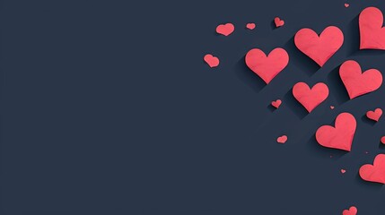 Wall Mural -   Red hearts on dark blue background with pink confetti in corner