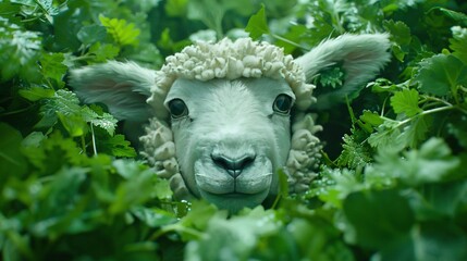 Wall Mural -   A sheep's face peeks out from the green foliage of a bushy plant