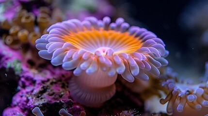 Wall Mural -   A macro shot of a seahorse amongst sea anemones on a coral reef background