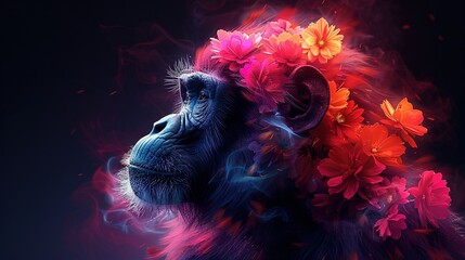 Wall Mural -   A monkey carrying a bouquet of red, yellow, and pink flowers against a dark backdrop