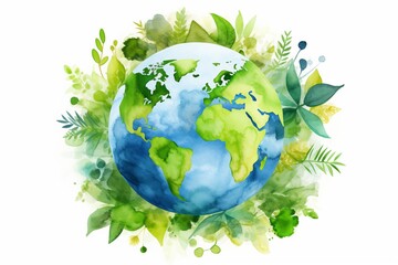 colorful watercolor globe surrounded by green leaves, symbolizing global environmental awareness, is