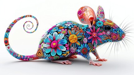 Canvas Print -   A vibrantly colored rat adorned with floral patterns and swirling designs rests against a pristine white backdrop