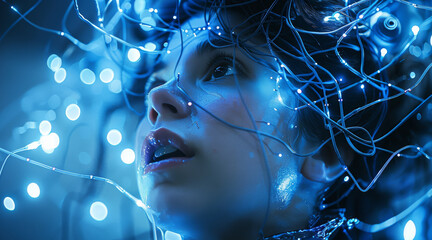 Leinwandbilder - A woman is connected to many wires and LED lights, with her head tilted back in an eerie atmosphere. The background features dark blue lighting and futuristic technology. Generative AI.