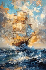 Wall Mural - Landscape oil painting features battleship sail boat in the sea ocean, moody vintage classic wall art, background, wallpaper 