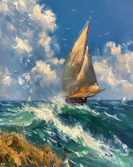 Sticker - Landscape oil painting features battleship sail boat in the sea ocean, under blue sky,  vintage classic wall art, background, wallpaper 