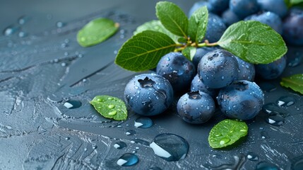 Wall Mural -  A table bears a cluster of blueberries beside a green leaf, with water droplets on both the surface and the leaf