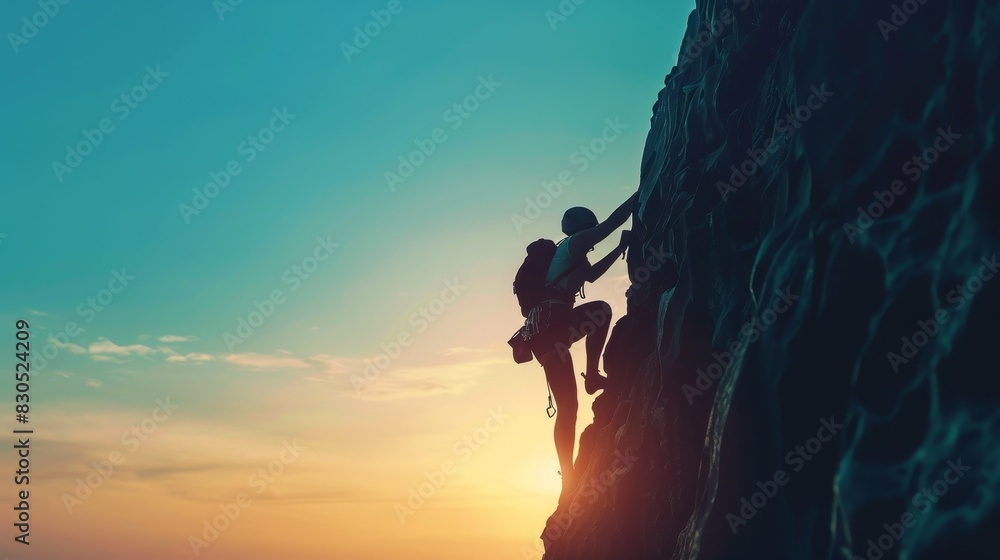 Silhouette of a climber ascending a steep cliff face at sunset ...