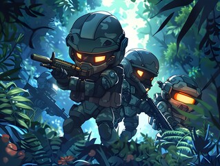 Sticker - Elite Exoskeleton-Equipped Soldiers Navigating Treacherous Jungle on Covert Mission