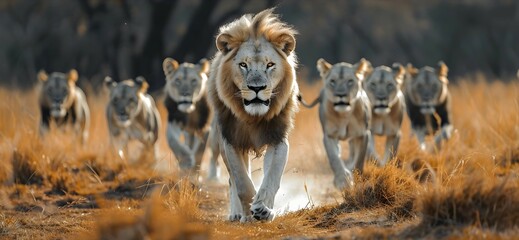 Wall Mural - A Pride of White Lions Leading a Hunt in the Savanna at Sunset