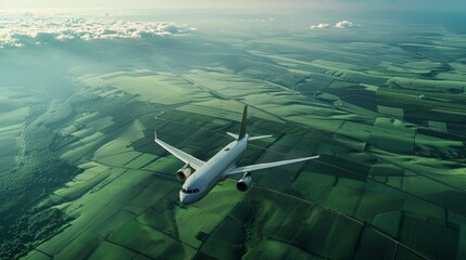 An airplane with eco-conscious design elements cruising above a patchwork of green fields, cloudless horizon, promoting sustainable travel