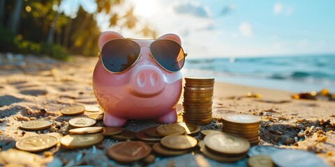 Poster - Pink Piggy Bank Sunbathing on the Beach with Gold Coins Reflecting on Financial Management