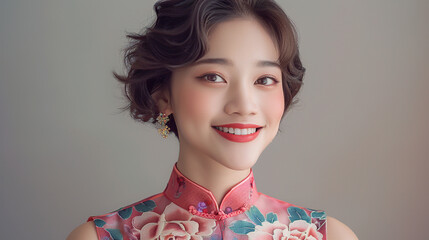 Wall Mural - An elegant young Chinese woman in a cheongsam against a grey background