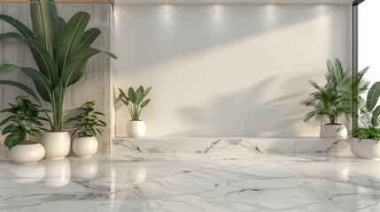 Wall Mural -  A room featuring a marble-floored expanse, adorned with potted plants lining one side Opposite, a pristine white wall punctuated by a window