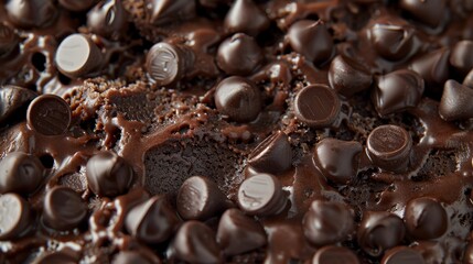 Wall Mural -  A tight shot of a chocolate dessert, generously dotted with chocolate chips on its surface, and crowned with an extra layer on top Beneath it, a hidden bed of chocolate