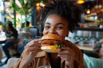 Eating Out with Friends: A Happy African Woman Enjoying a Burger Lunch at a Cafe