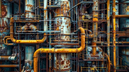 Complex network of steel pipelines and cables in an ammonia production plant, intricate pipe rack structure