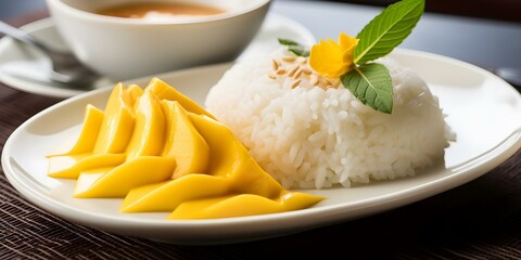 Wall Mural - Delicious Thai Mango Sticky Rice with Coconut Milk Served on a White Plate. Concept Thai Cuisine, Mango Sticky Rice, Coconut Milk, Food Photography, White Plate
