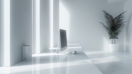 Fototapete - A clean white desktop computer perspective, simple and elegant colors. Generative AI.