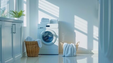 A white washing machine with clothes, placed either in the kitchen or laundry room