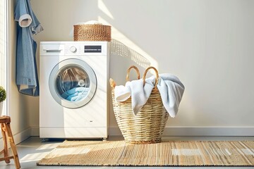 A white washing machine with clothes, placed either in the kitchen or laundry room