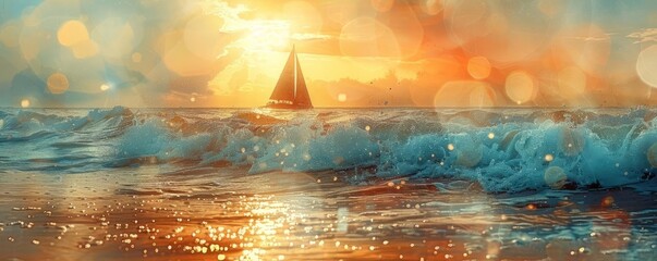 Wall Mural - Sunset beach with sparkling water close up, focus on, copy space, Double exposure silhouette with a sailboat