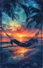 Wall Mural - Close-up of a tropical sunset beach scene with a focus on copy space and a double exposure silhouette of a hammock
