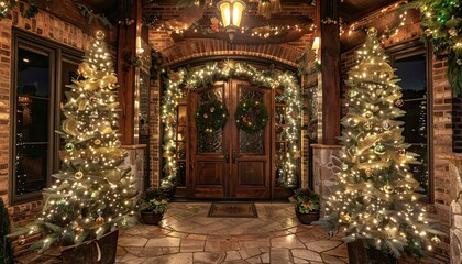 Wall Mural - Seasonal decor with Christmas trees on each side of the door