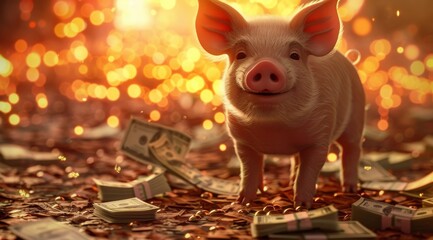 An adorable piglet stands among piles of cash with money raining down, illustrating wealth and savings