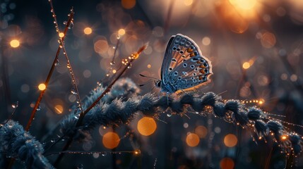 Wall Mural -  A close-up of a butterfly on a plant, its wings dotted with water droplets; background softly blurred with twinkling lights