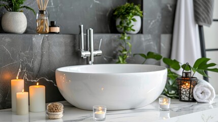 Wall Mural -  A bathroom featuring a bowl sink, white marble sink, and marble countertop, adorned with candles