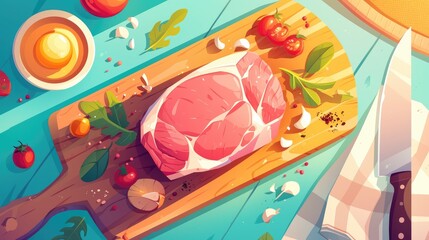 Wall Mural - A fresh piece of pork resting on a wooden chopping board surrounded by vibrant ingredients ready for a delicious dish This lively scene captures the essence of culinary artistry blending kit