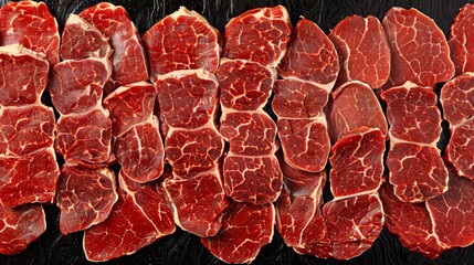 Wall Mural -  A pile of raw meat and another pile of sliced meat, both resting on a black counter next to each other