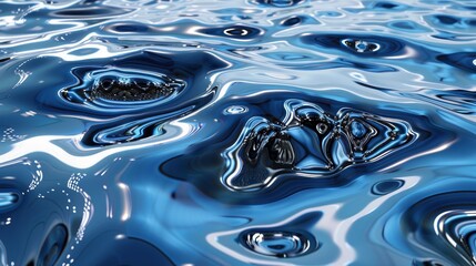 Wall Mural -  A tight shot of a blue water surface teeming with numerous water droplets, with a central black object