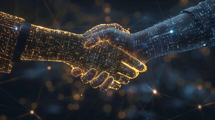 The handshake between two wire-frame hands embodies the concept of trust in technological advancements.
