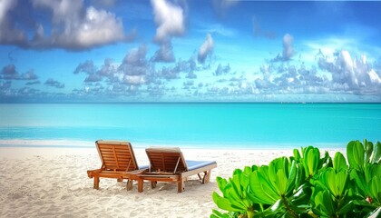 Scenic beach with lounge chairs and palm trees
Wooden beach chairs on white sand with turquoise ocean inviting sun loungers with a backdrop of the clear turquoise ocean and a bright blue sky backgroun