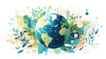 Sticker - Illustration of a watercolor globe surrounded by various emotive elements symbolizing World Watercolor Emotion showcased against a clean white background in a 2d format to promote awareness 