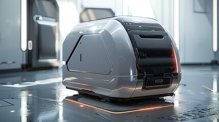 Poster - Technological design, a bright metallic-colored covered cleaning robot with minimalist design, body with real high light reflection texture in metallic gray. Generative AI.
