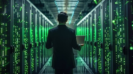 Aufkleber - A professional man facing a data center with the colors black and green. The person is a man facing the data center with a laptop in his hands. Generative AI.