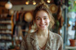 © Sergio - A woman, possibly the owner or a clothing designer, is smiling while wearing a checkered jacket inside a store selling womens clothing. She appears happy and engaged in the shops activities