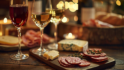 Wall Mural - A rustic wooden table set with three glasses of wine, slices of salami and cheese on the side, soft focus background with warm lighting, perfect for an elegant evening party setting. Generative AI.