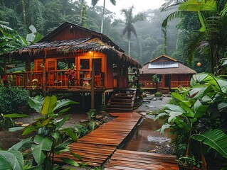 Wall Mural - Tranquil Eco Lodge Nestled in Lush Rainforest Oasis Embracing Sustainable Practices for Immersive Nature Retreat