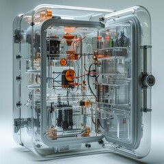 Poster - A mechanic-style refrigerator made of transparent materials and wires on a white studio background. Generative AI.