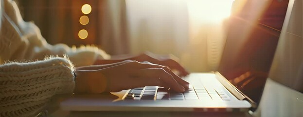 Woman typing on a laptop, close up of hands focusing on the keyboard, white desk background
