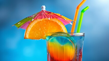 Wall Mural - Brighten up your beach bar ads with a vibrant exotic tropical cocktail, featuring tropical fruits and a colorful umbrella on a clean background.