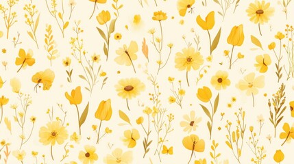 Sticker - A delightful hand drawn 2d illustration showcases an endearing pattern of charming yellow flowers and bugs gracefully intertwined on a crisp white backdrop This versatile design is perfect 