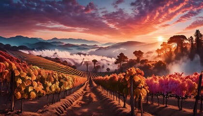 Wall Mural - landscape with vineyard, landscape with green grass and sky, vineyard in region, vineyard in the morning, sunset over the mountains, sunset in the desert, Vineyard and forest fire - grape harvest