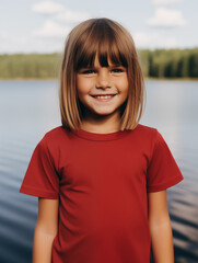 Wall Mural - Young girl child kid red tee tshirt, t-shirt, mockup mock up, mock-up at the lake 