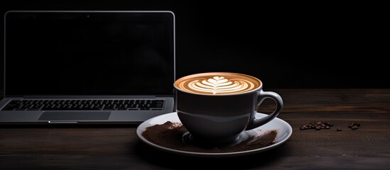 Wall Mural - A laptop computer rests on a table next to a black cup of latte art coffee creating a dark and moody copy space image